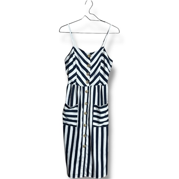 Style House Navy/White Stripe Sleeveless Button Down Front Midi Dress w/ Pockets - Picture 12 of 16